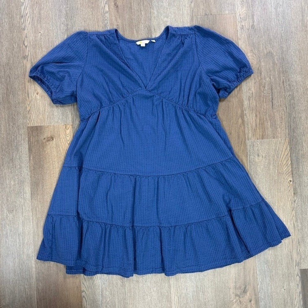 Boden Blue Cotton Tiered Mini Dress V-Neck Puff Sleeve D0508 US 16/18 Minimalist